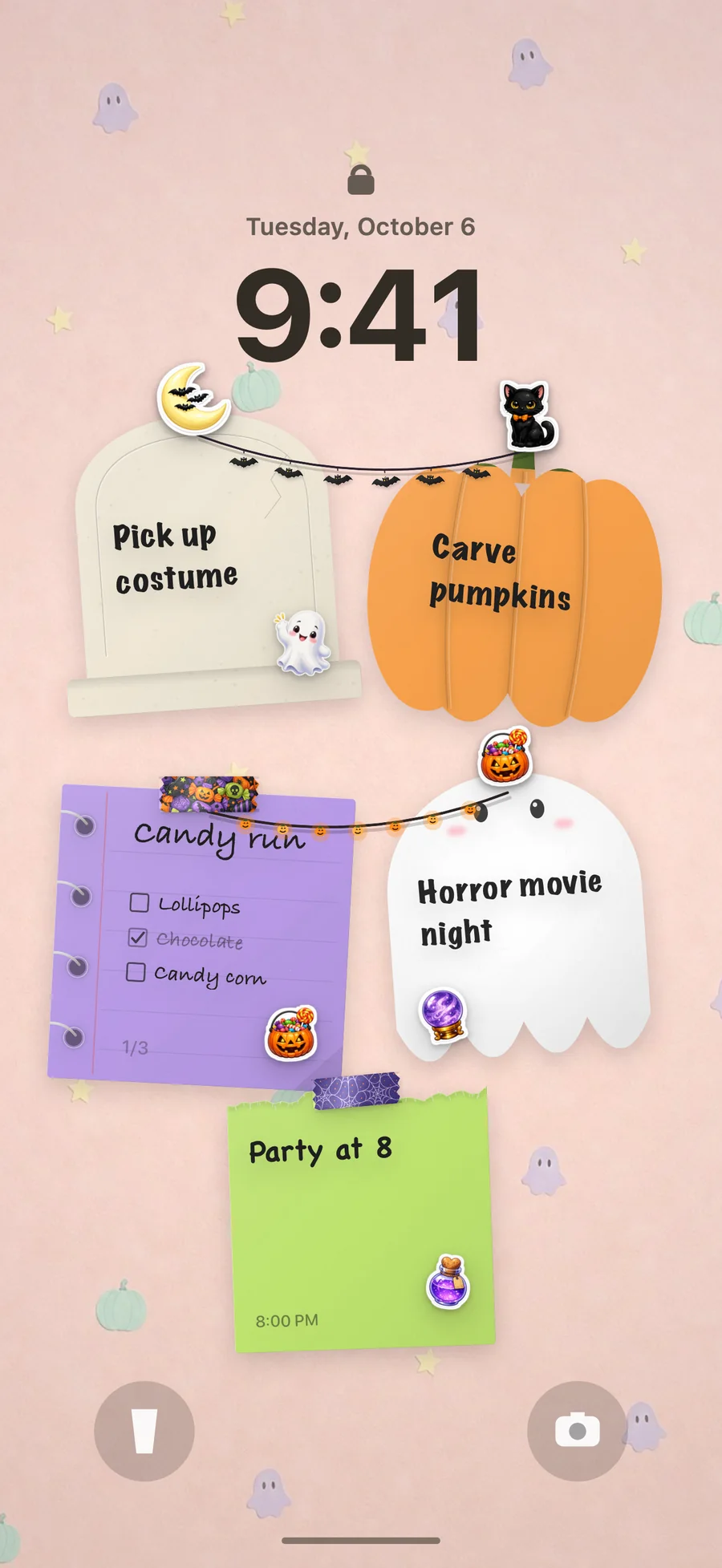 A cute pastel Halloween iPhone Lock Screen with the same notes and little ghosts