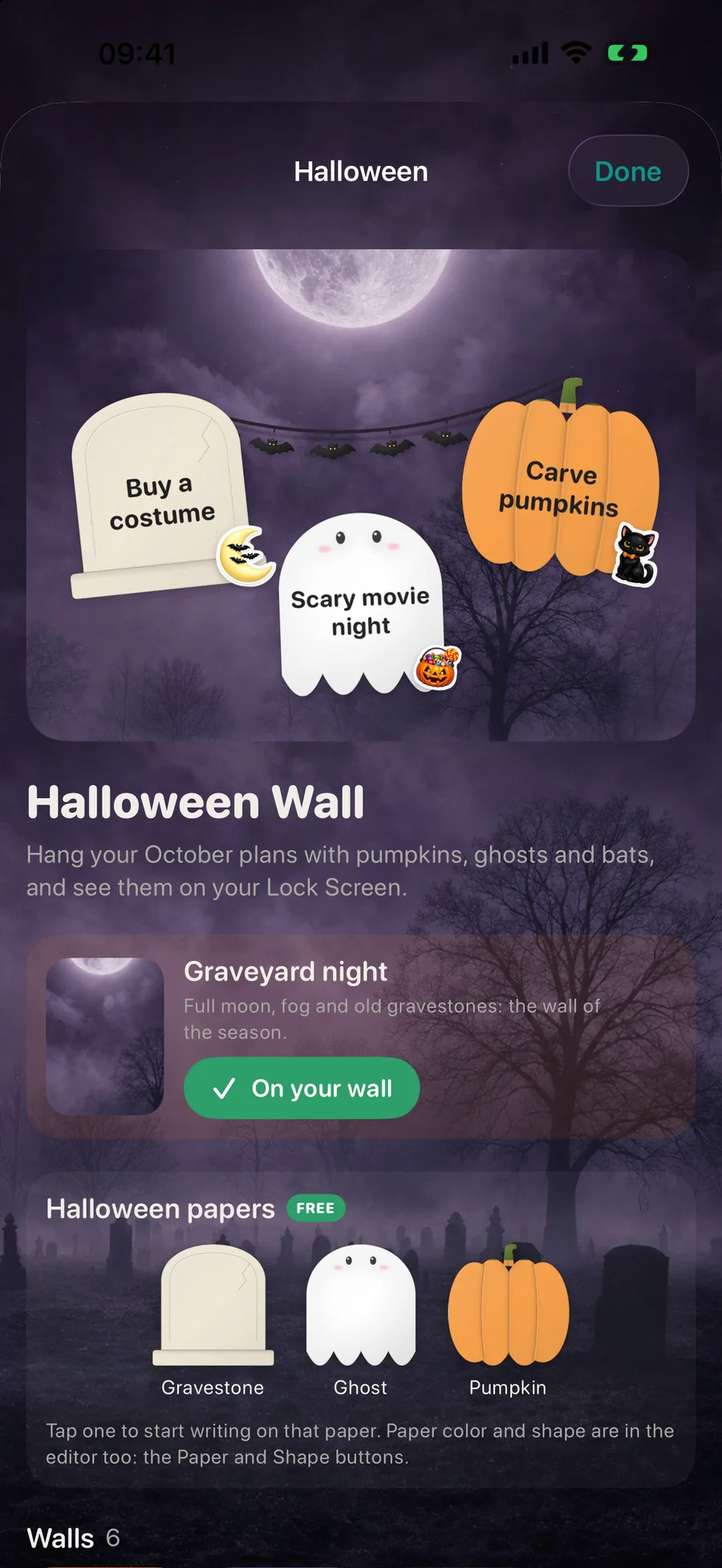 La página de Halloween dentro de DailyWall con el muro Noche en el cementerio y los tres papeles de Halloween