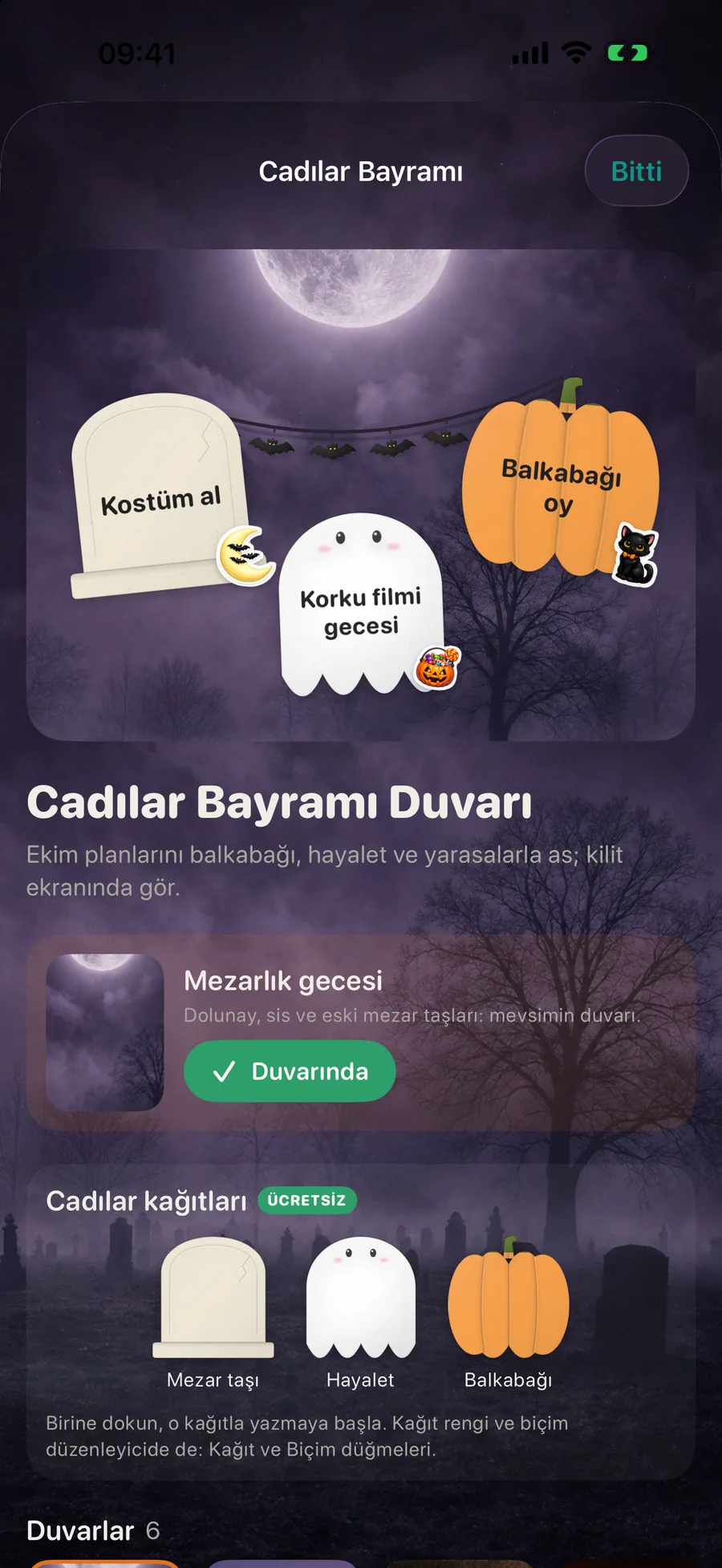 DailyWall içindeki Cadılar Bayramı sayfası: Mezarlık gecesi duvarı ve üç Cadılar kâğıdı