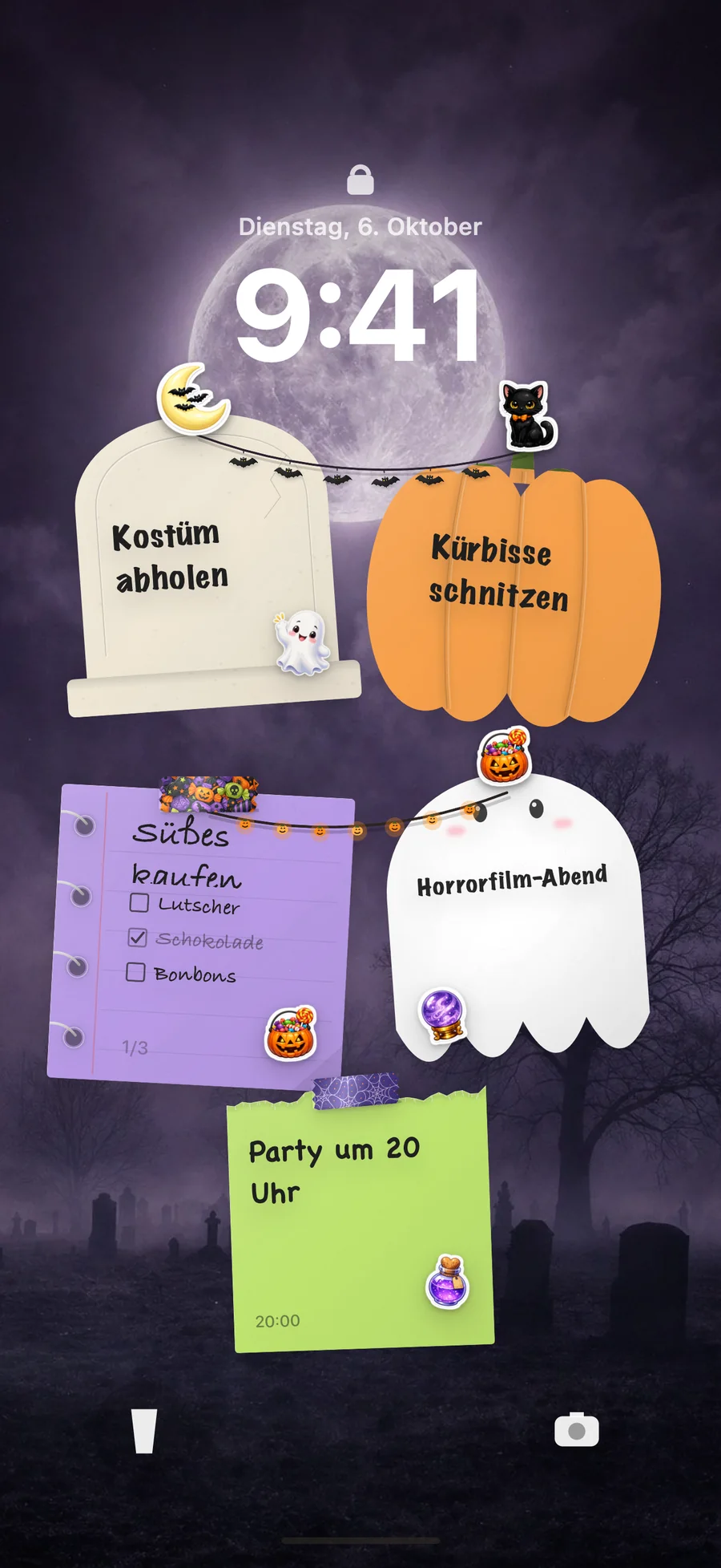 Dieselben Halloween-Notizen als Hintergrund des iPhone-Sperrbildschirms, mit der Uhr darüber