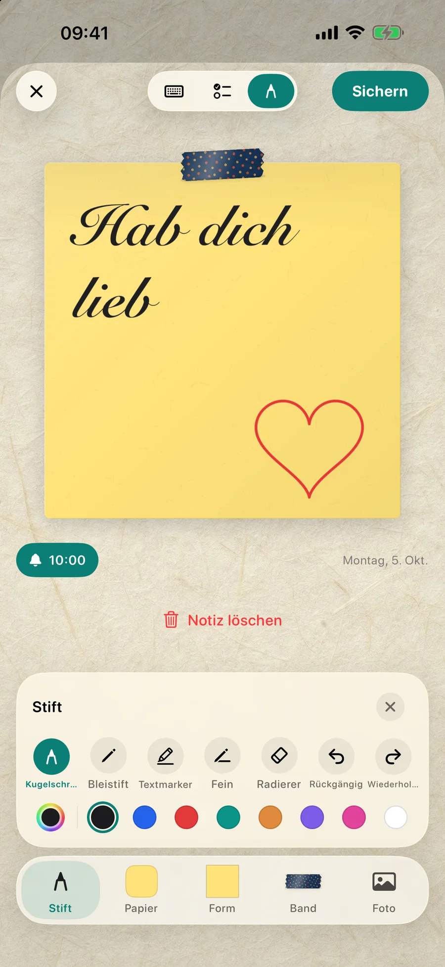 Eine handgeschriebene Notiz mit gezeichnetem Herz im DailyWall-Editor