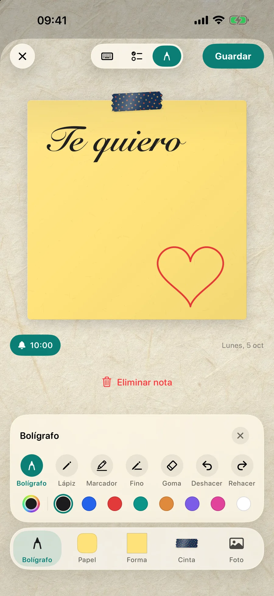 Una nota escrita a mano con un corazón dibujado en el editor de DailyWall