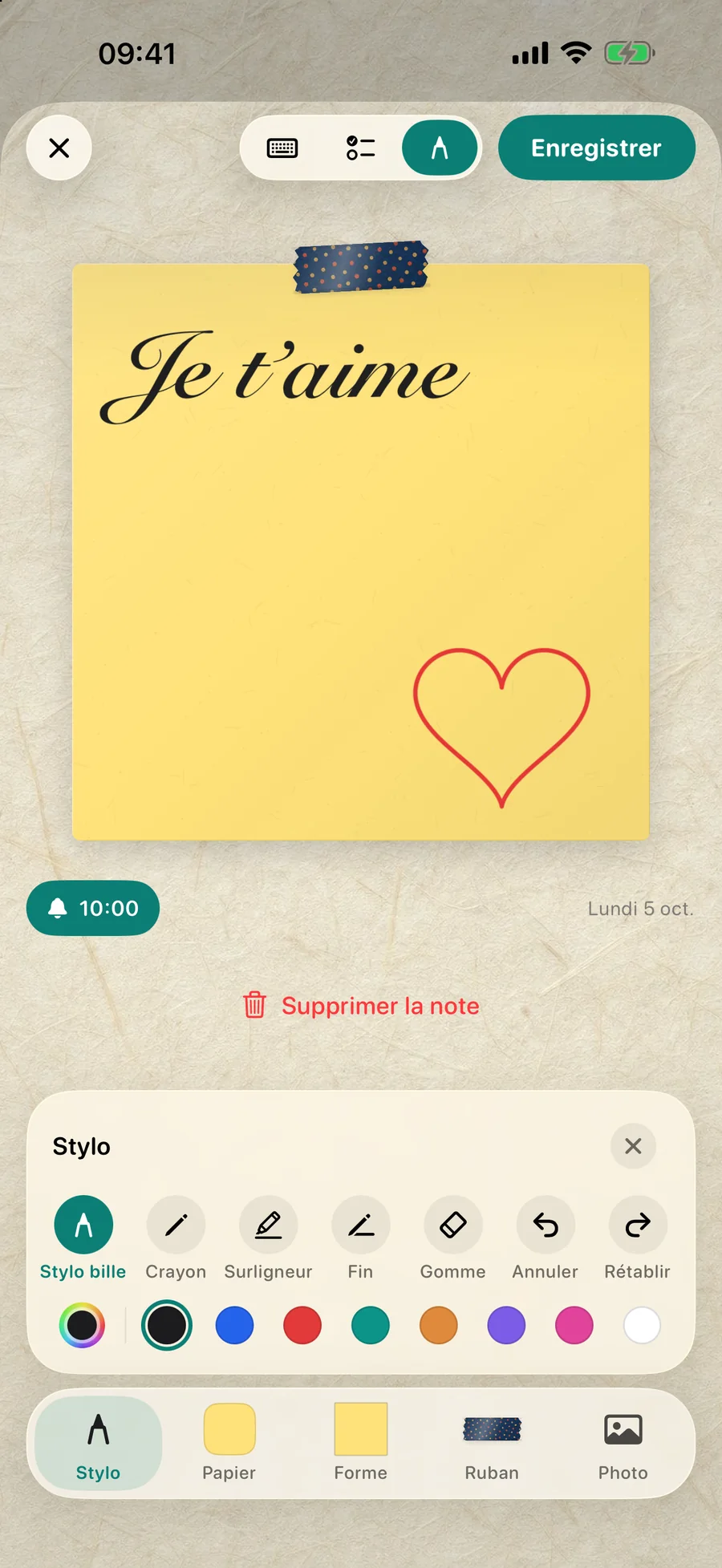 Une note manuscrite avec un cœur dessiné dans l’éditeur DailyWall
