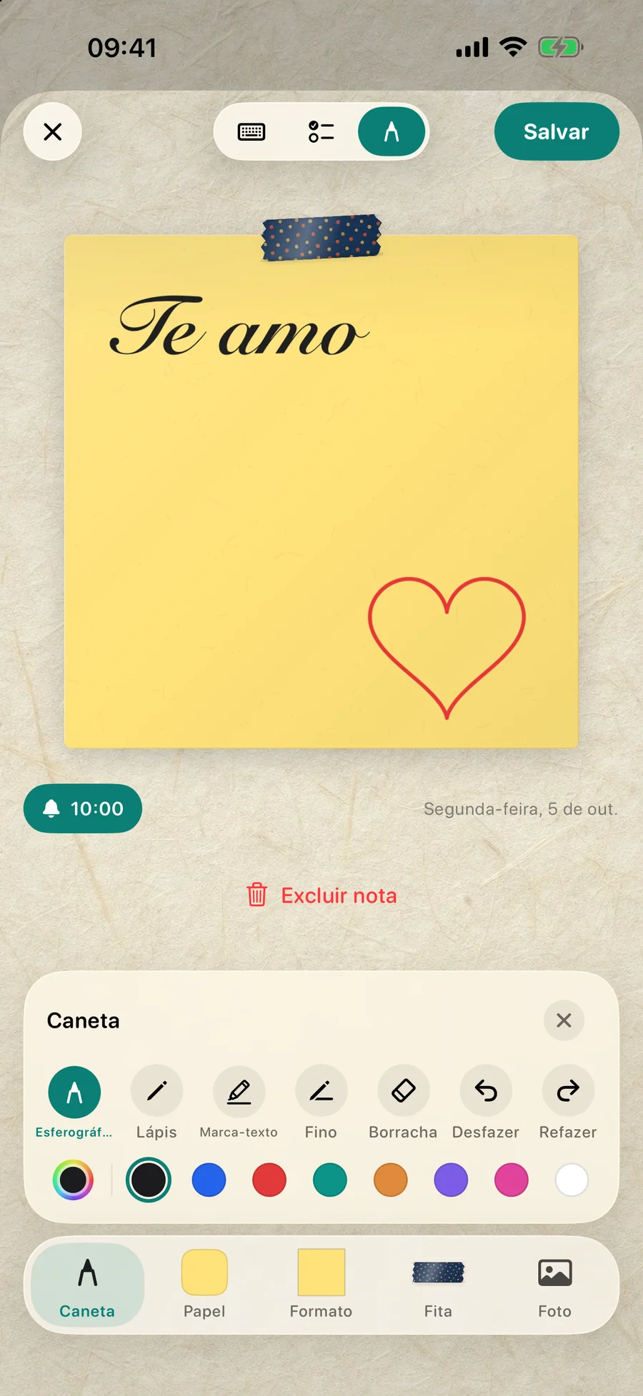 Uma nota escrita à mão com um coração desenhado no editor do DailyWall