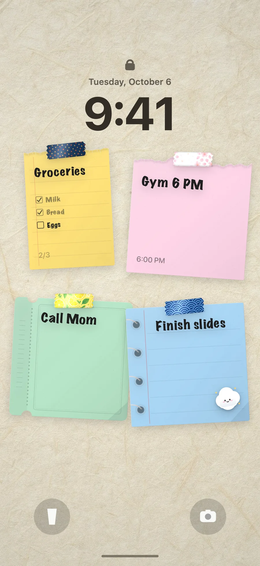 An iPhone Lock Screen wallpaper made of a to-do list and three sticky notes