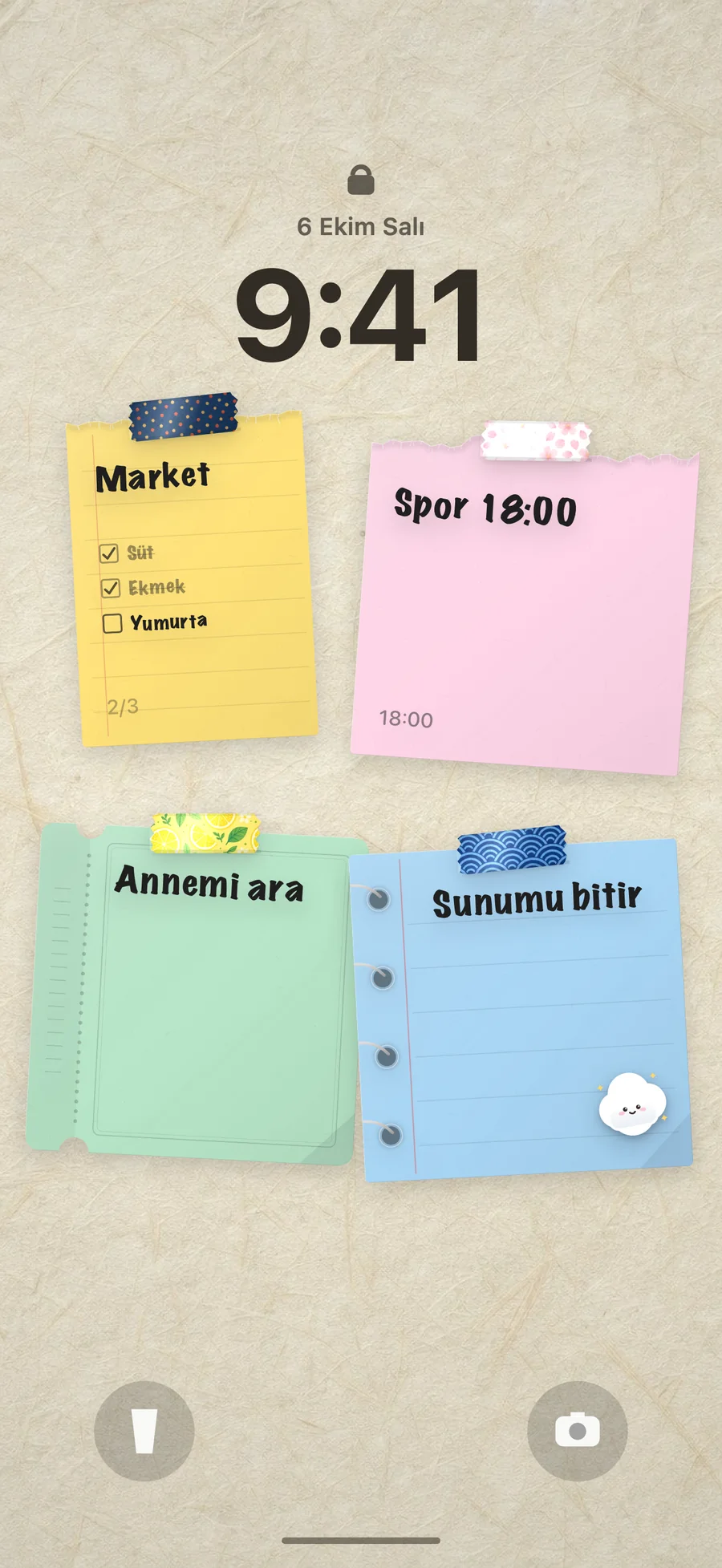 iPhone kilit ekranı duvar kağıdı olarak yapışkan notlar ve liste