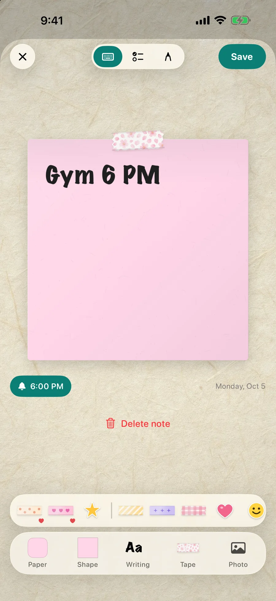 A pink “Gym 6 PM” note in the editor with a 6:00 PM reminder chip