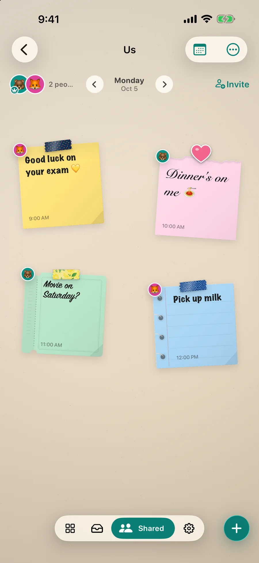 A shared wall called Us: “Good luck on your exam”, “Dinner’s on me”, “Movie on Saturday?” and “Pick up milk”, each with the author’s avatar