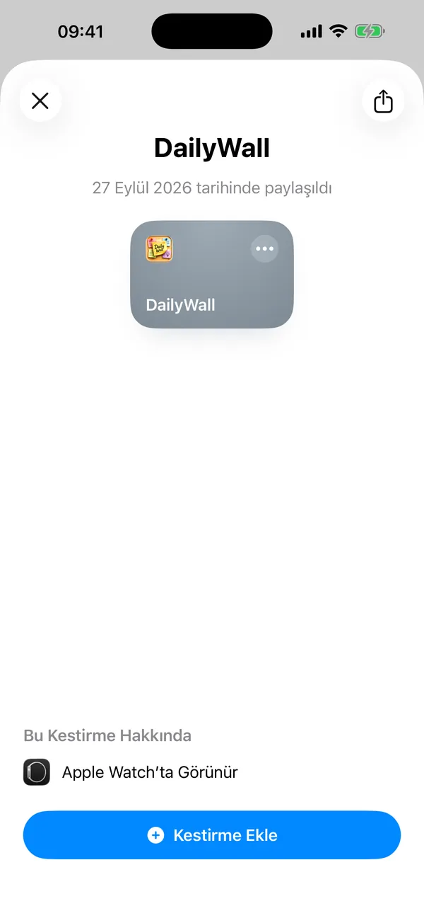 Kestirmeler uygulamasında DailyWall kestirmesinin Kestirme Ekle ekranı
