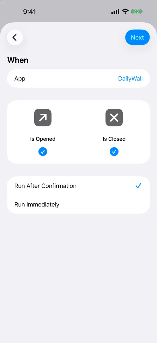 ショートカットAppのAppオートメーションでDailyWallを選び「閉じている」にチェックを入れた画面