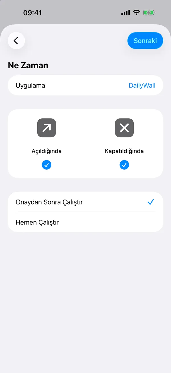 Kestirmeler’de DailyWall seçili ve Kapatıldığında işaretli Uygulama otomasyonu