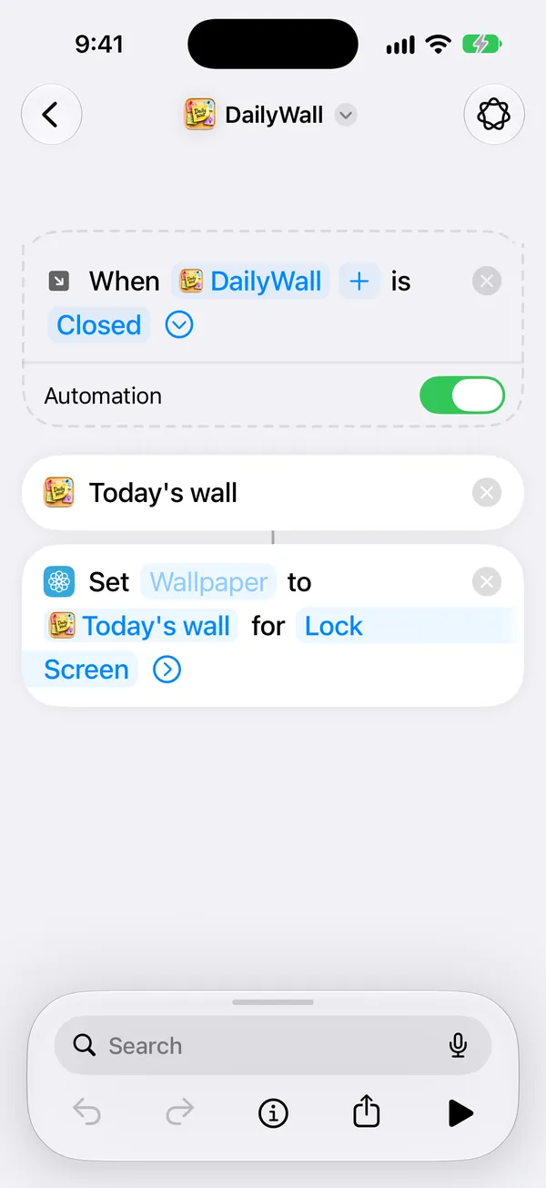 iOS 27でDailyWallショートカットのオートメーションのスイッチをオンにした画面
