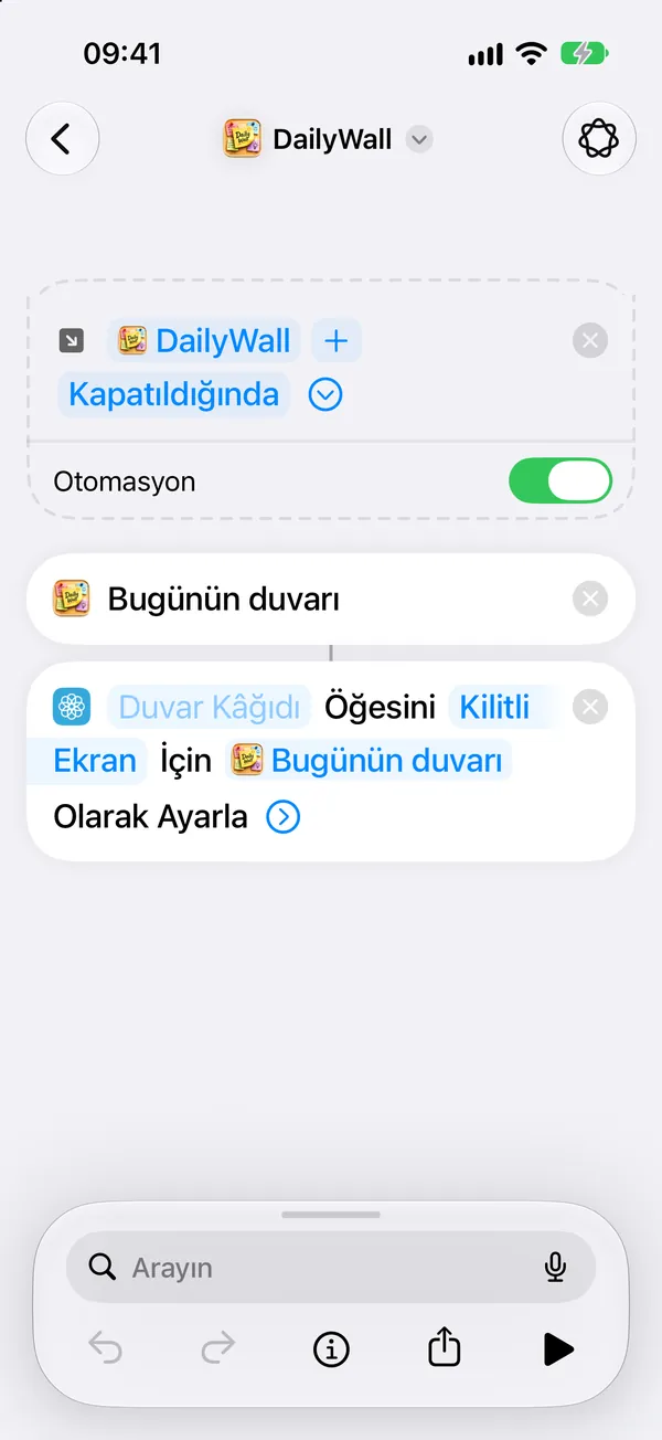 iOS 27’de DailyWall kestirmesinin Otomasyon anahtarı açık