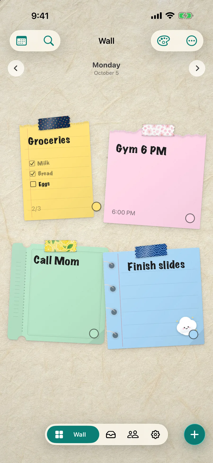 The DailyWall wall with a grocery checklist, a gym note, a call reminder and a work note