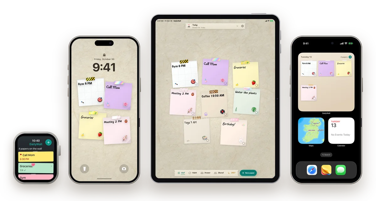 DailyWall on Apple Watch, iPhone, iPad and the Home Screen: the same sticky notes as a Lock Screen wallpaper, as a wall in the app and in a widget