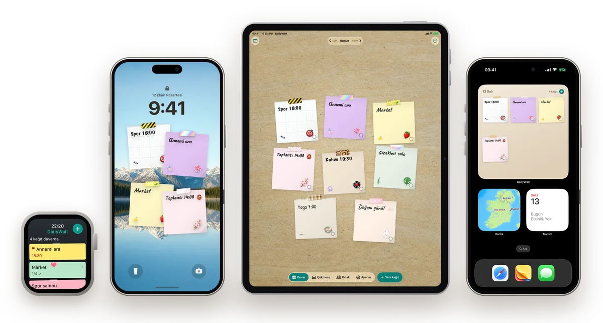 Apple Watch, iPhone, iPad ve ana ekranda DailyWall: aynı yapışkan notlar kilit ekranı duvar kağıdında, uygulamadaki duvarda ve widget’ta