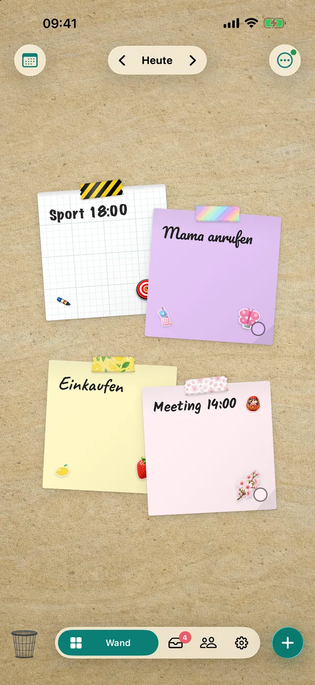 Eine Wand in der DailyWall-App mit vier Haftnotizen, Washi Tape und Stickern