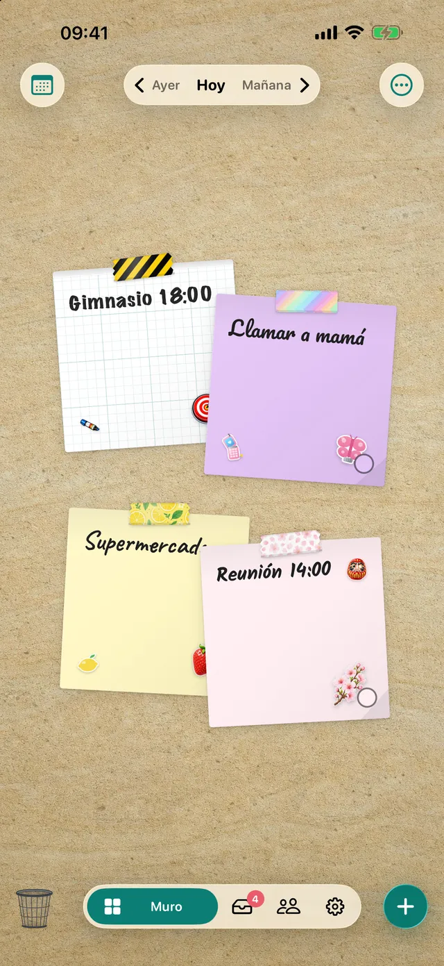 Un muro en la app DailyWall con cuatro notas adhesivas, cinta washi y stickers